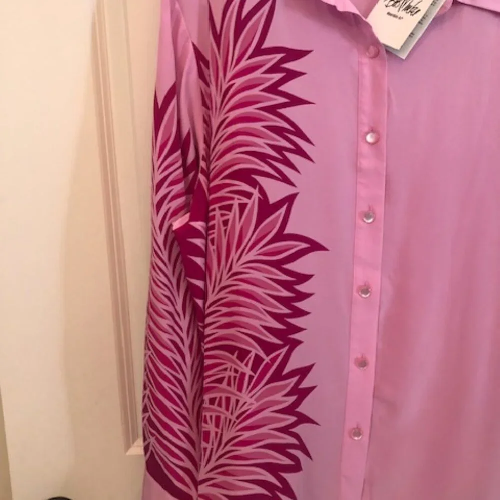 NWT Vintage Bob Mackie 100% Silk Wearable Art Pink Palms Blouse Shirt Size XL - Picture 8 of 12